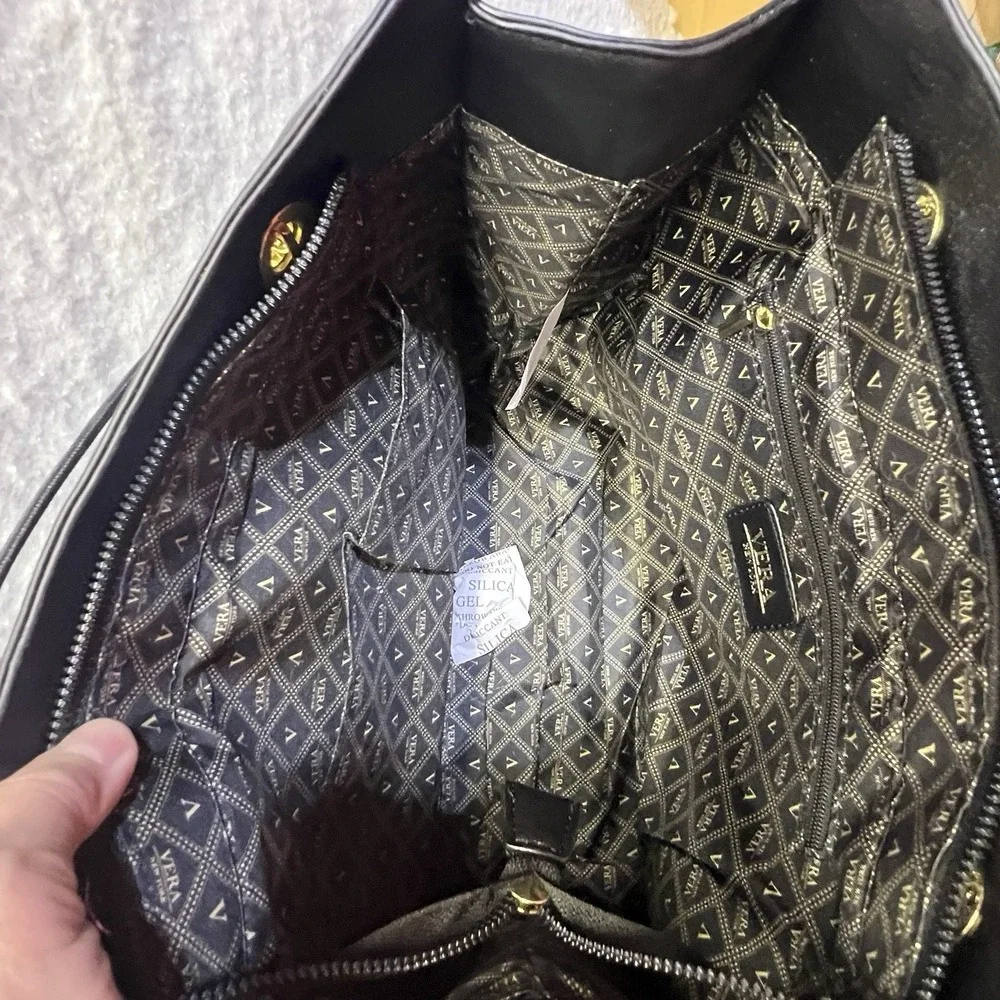 Vera‎ of New York Black Enya Quilt  Satchel Purse Style #VNF22722 Faux Leather